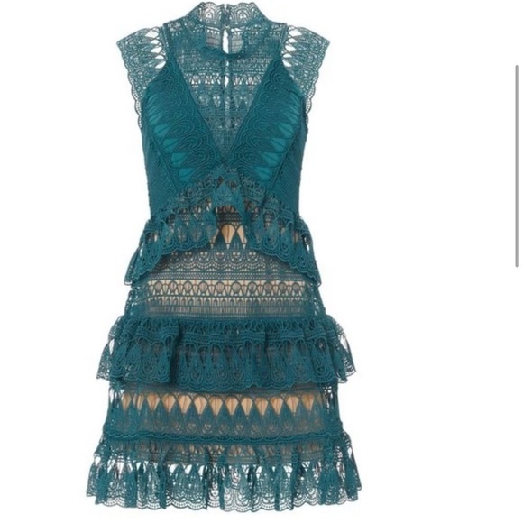 Self-Portrait / Teardrop Guipure tiered lace minidress Teal turquoise US 6 UK 10 - Picture 2 of 8